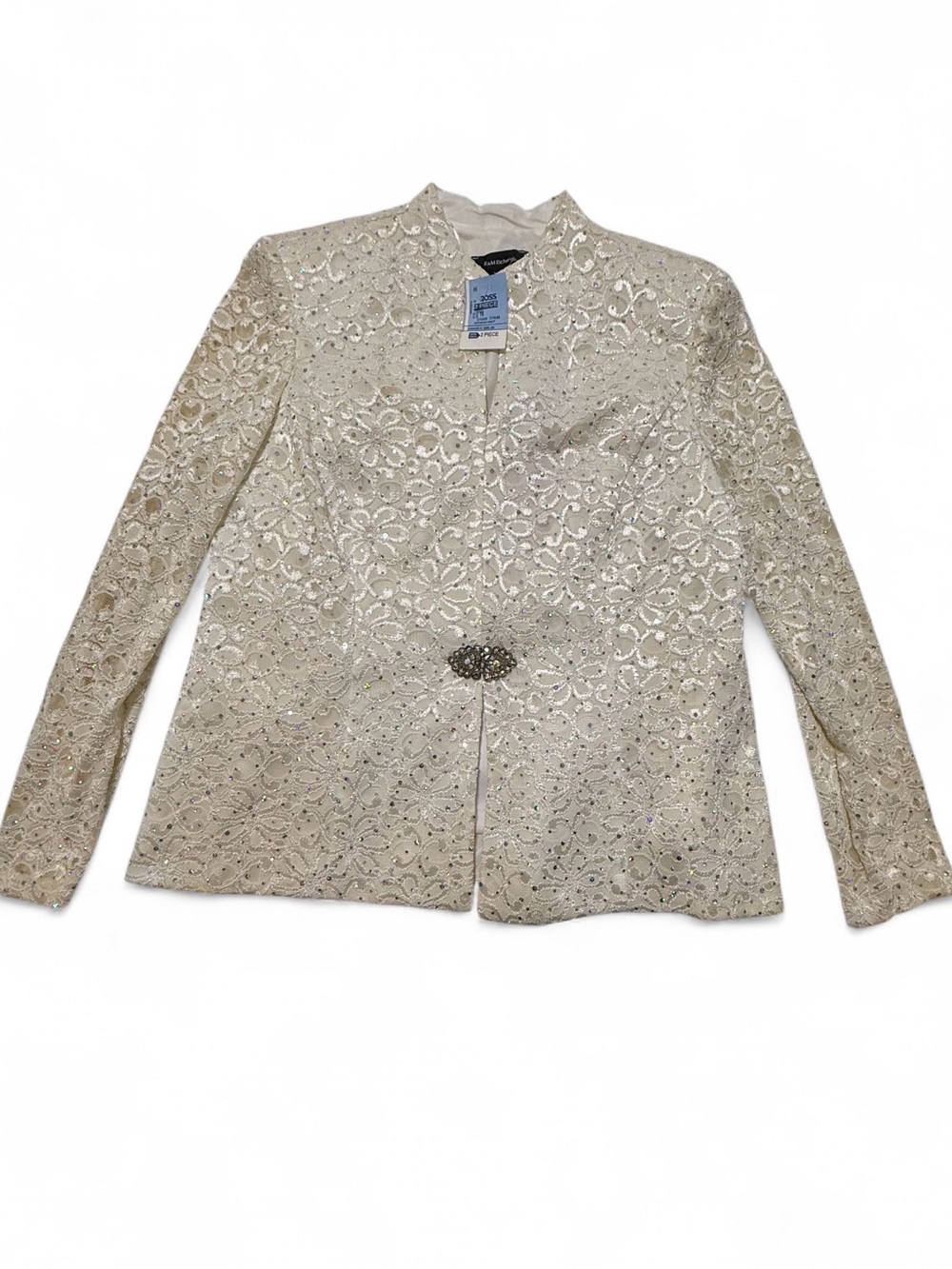 R&M Richards Cream Lace Embellished Blazer with Jeweled Clasp